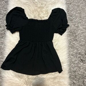 Black Smocked Puff Sleeve Top